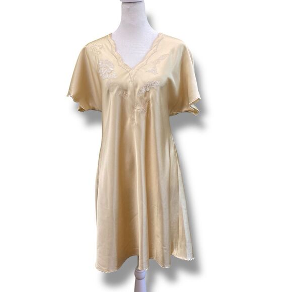 Natori Sleep Dress Womens Small Yellow Satin Scalloped Lace Shirt Gown - Picture 1 of 12